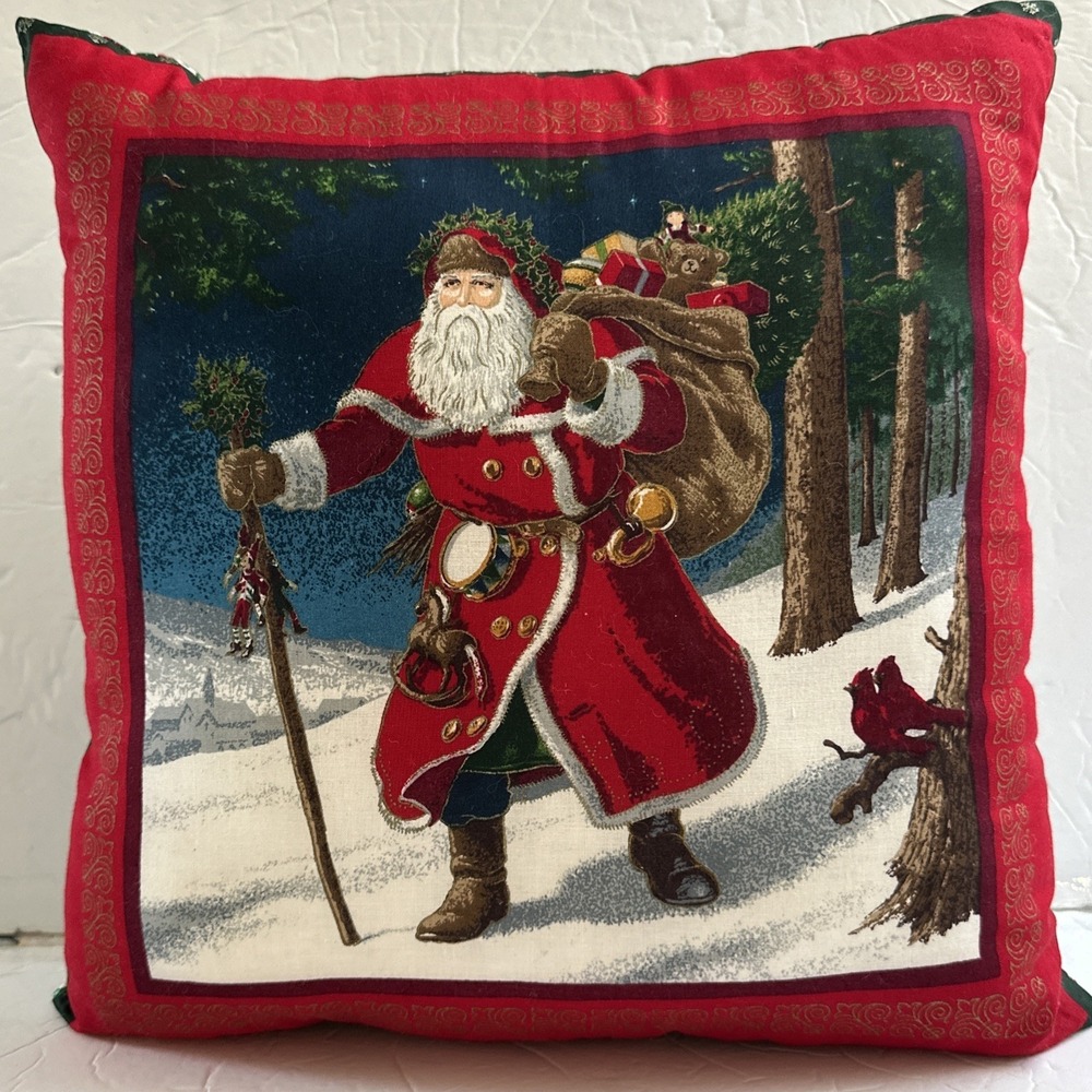 Vintage Santa Claus Christmas Pillow 14x14 Snow St. Nick Red Green Holiday Decor